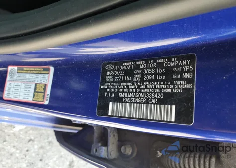 2022 Hyundai Elantra Sel z USA, uszkodzony, nr VIN KMHLM4AG0NU338420